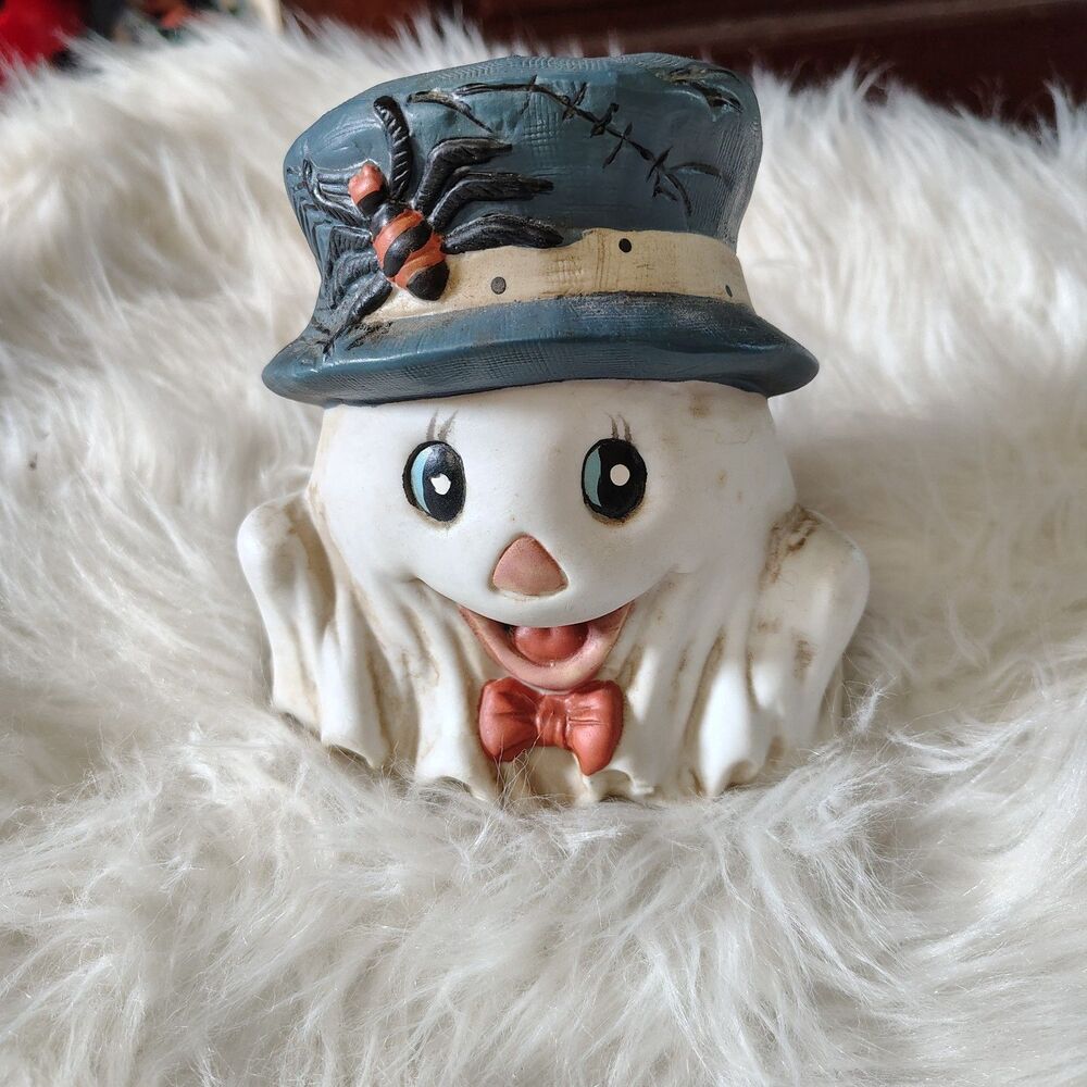 VTG Ceramic Happy Ghost W Hat & Bowtie Halloween Decor
